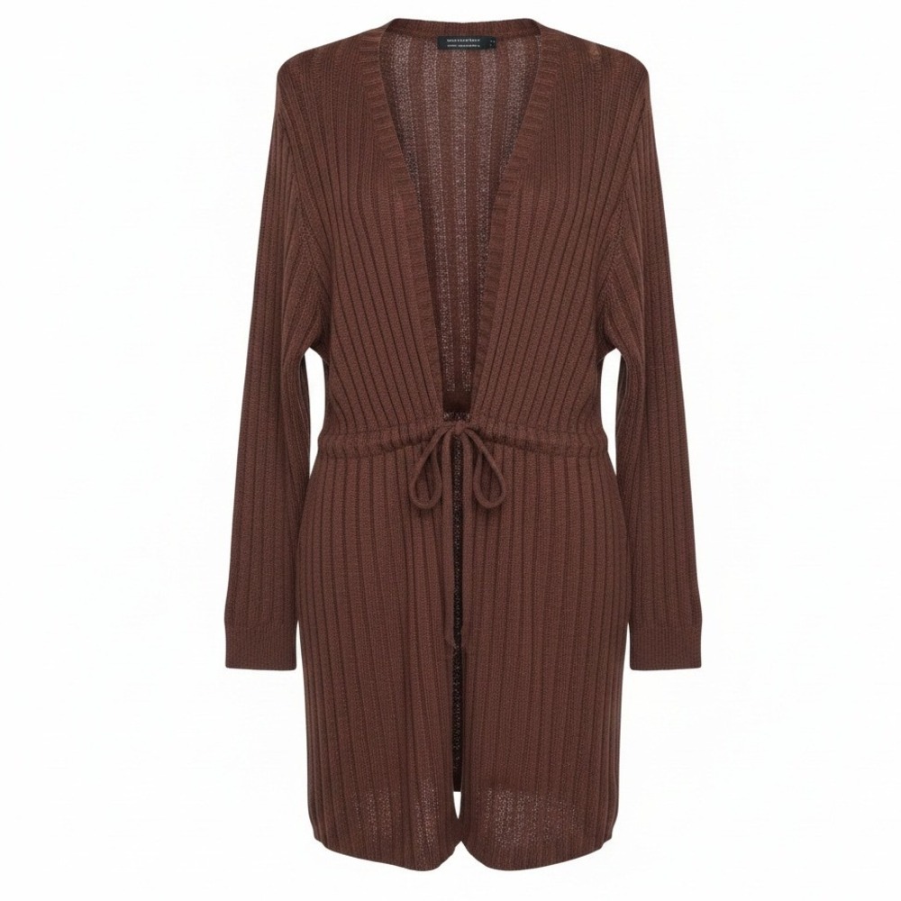 BloomChic Brown Pointelle Long Sleeve Tie Open Front Longline Cardigan 18-20